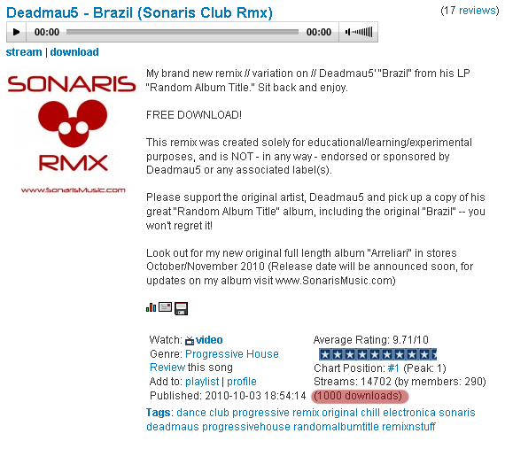 Deadmau5 - Brazil (Sonaris Club Rmx) - 1000 Downloads!